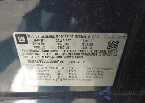 2018 Chevrolet Equinox Lt from USA, damaged, VIN 3GNAXSEV3JS608192